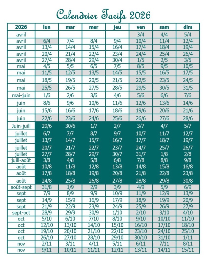Price calendar 2026