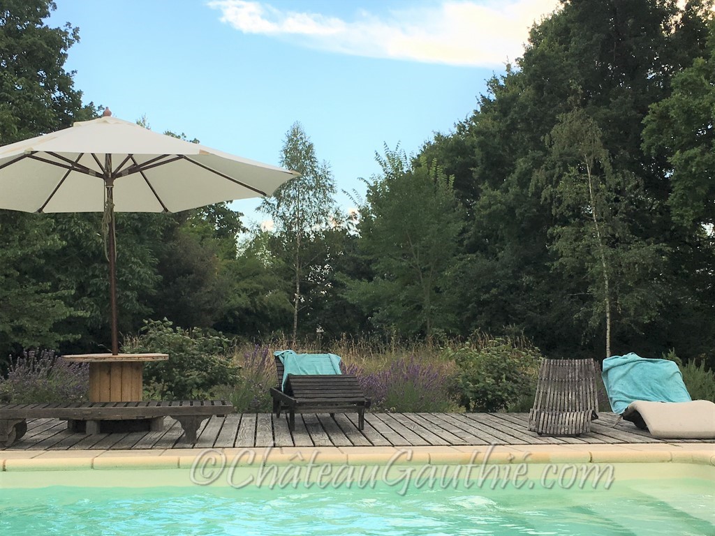 Piscine et transat vers la pelouse sauvage