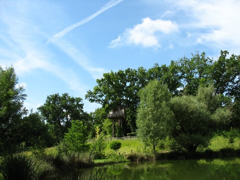 Cabane perchée au dessus des prairies et du petit lac